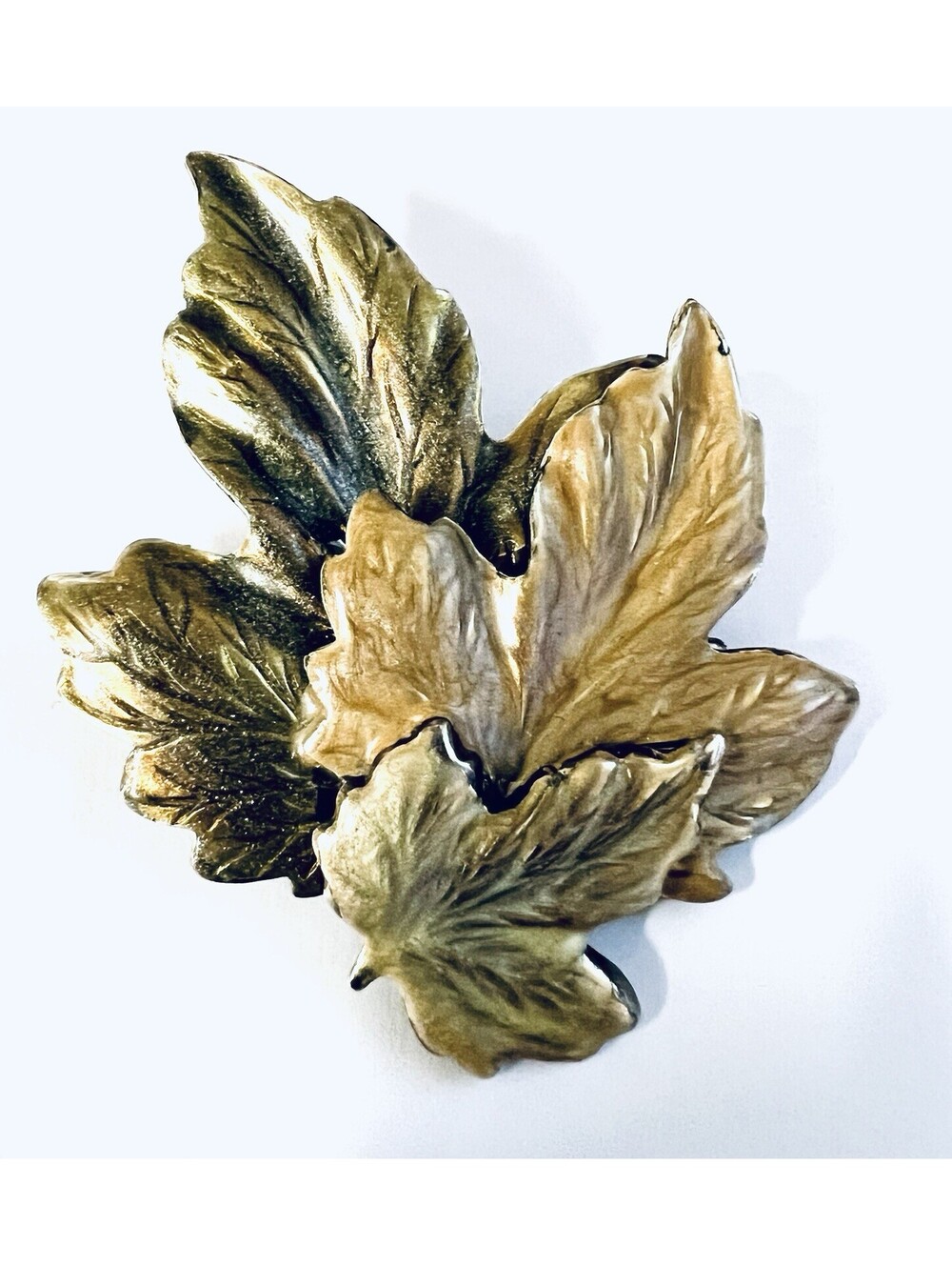 VTG Gold Tone Layered Leaf Brooch Pin Large Textured Botanical Nature Statement